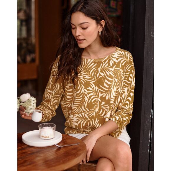 Women's Leaf Print Sweater - Mustard and White - Picture 2 of 9